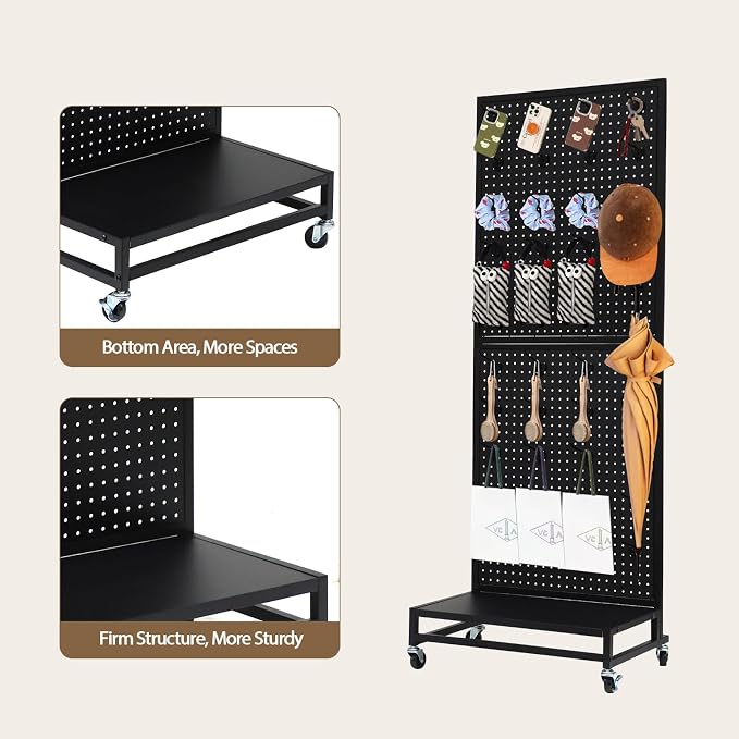 Eastern Tree Metal Pegboard Display Stand 2'x 5'with Base Plate, Pegboard Panels Display with Wheels, Peg Board Display Rack, Standing Pegboard Display with 30 Hooks - Black