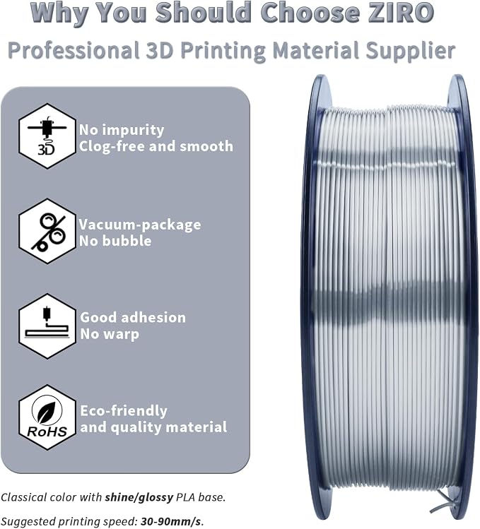 ZIRO Silk PLA Filament Bundle, 4 Packs1.75mm 3D Printing Filament Shiny, Glossy PLA for 3D Printing,1.75mm Metal-Like Surface Rich Color Spool, 1KG x 4 Spool, Silver, Red, Gold, Silver Black