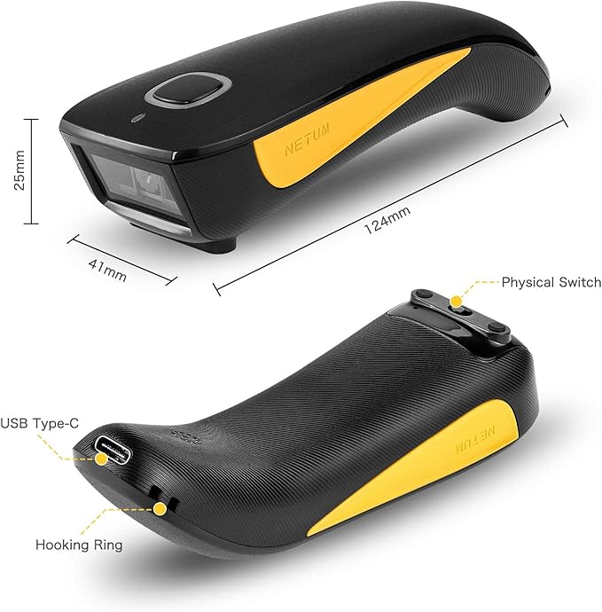 NETUM Mini Barcode Scanner Bluetooth Compatible, Small Portable USB Bar Code Scanner for Inventory, 2.4G Cordless Image Reader for Tablet iPhone iPad Android iOS PC POS (2D-C750-Yellow)