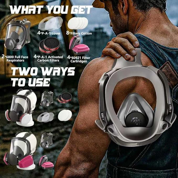HANUU Full Face Gas Mask with Filters - Survival Nuclear and Chemical Respirator Mask,Reusable Respirator Filter Against Gases/Dust/Organic Vapor/Chemicals