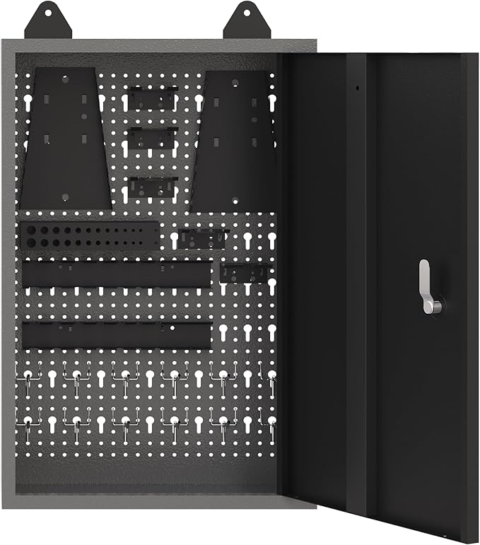 JZD Metal Storage Wall Mounted Lockable Cabinet with 22 Tool Hooks, for Garage Basement Workshop, Black & Gray