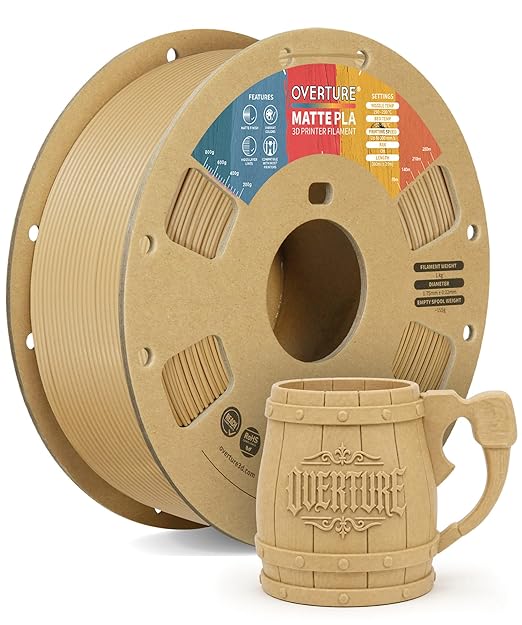 OVERTURE Matte PLA 1.75mm, Low Warp & Smooth Finish 3D Printer Filament | Frosted Matt Finish Hides Layer Lines, 1kg Spool (2.2lbs) Cardboard Spool, Fit Most FDM Printer (Matte Wood)