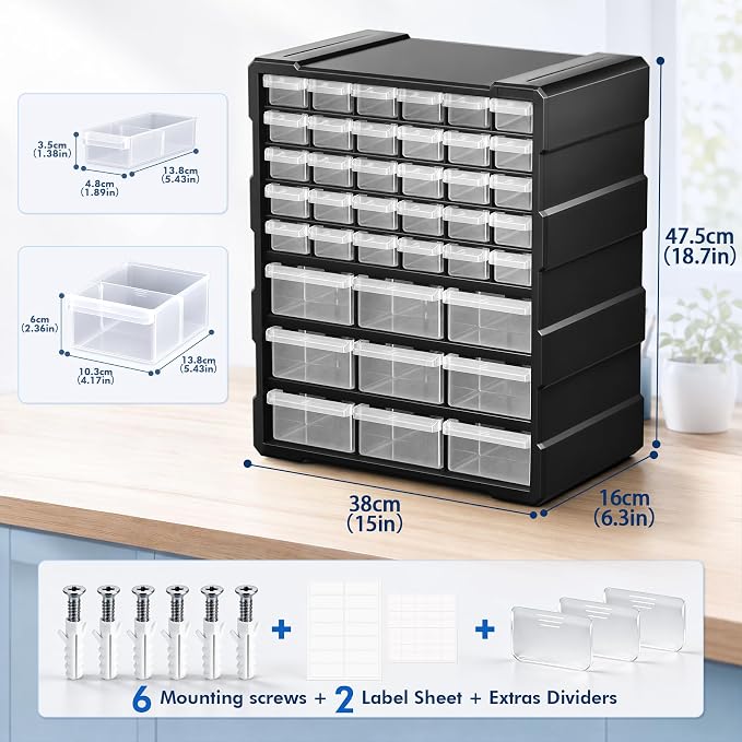 PurKeep Drawer Organizer for Garage Building Bricks Storage,Thicker Craft Organizers Storage with Dividers Labels for Hardware,Screws,Nuts Bolts,Teacher Toolbox,Charms, Beads,Craft