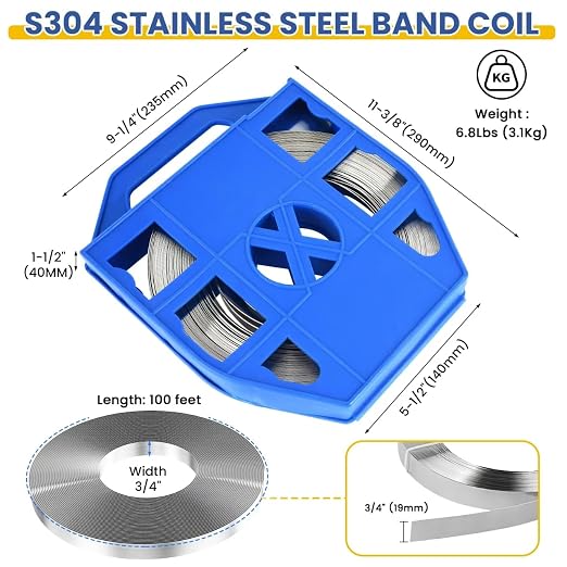 Steel Banding S304 Stainless Strapping - Steel Band Strapping Coil 100Feet * 3/4" Wide * 1/32" Thick Blue Plastic Tray for High-tensile Package Strapping Bunding Packaging