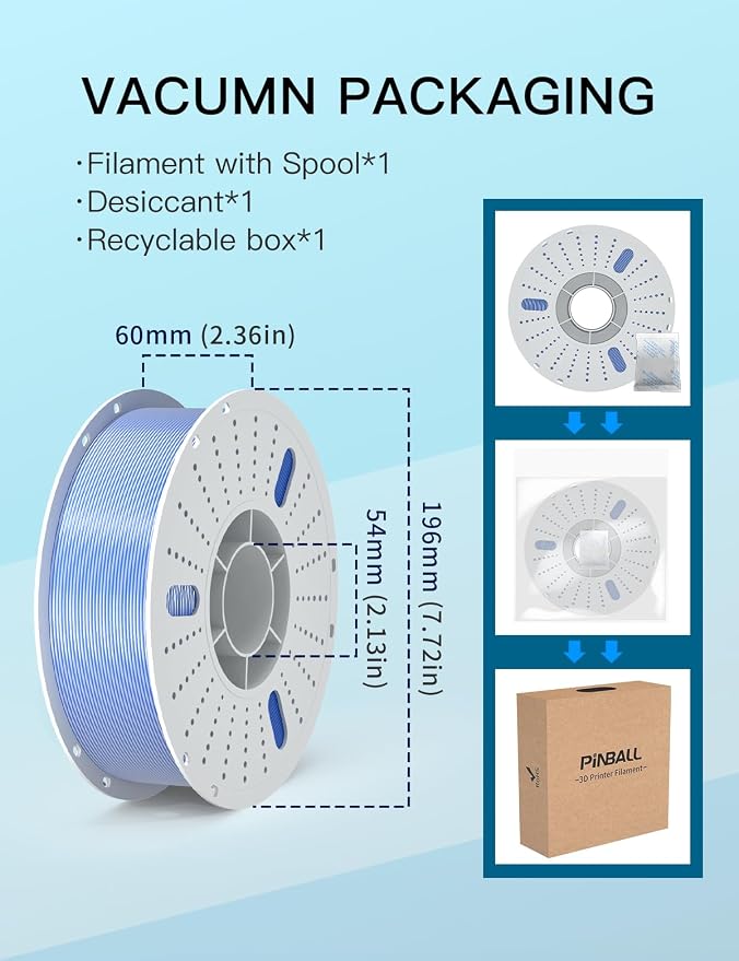 PINBALL Silk PLA 3D Printer Filament 1.75mm Shiny Silk Dual Color Filament 3D Printing PLA Filament Dimensional Accuracy +/- 0.02mm 1 KG Silk Dual Color Blue-Silver