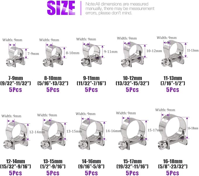 Swpeet 170Pcs Single Ear Hose Clamps and 304 Stainless Steel Hose Clamps
