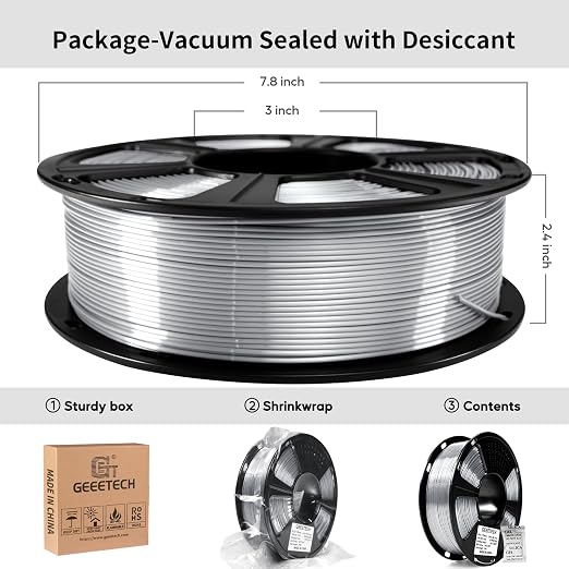 Geeetech Silk PLA Filament 1.75mm for 3D Printer, Metal-Like Shiny 3D Filament 1kg (2.2lbs) 1 Spool, Dimensional Accuracy +/- 0.02 mm, Metallic Silver Silk Filament