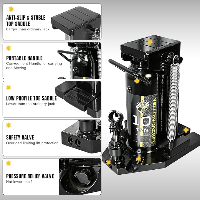 YELLOW JACKET Toe Jack, 10 Ton Saddle/5 Ton Claw 2-in-1 Low Profile Lift Jack, Heavy Duty Hydraulic Claw Jack for Automotive, Machinery, Construction, Farm, Garage