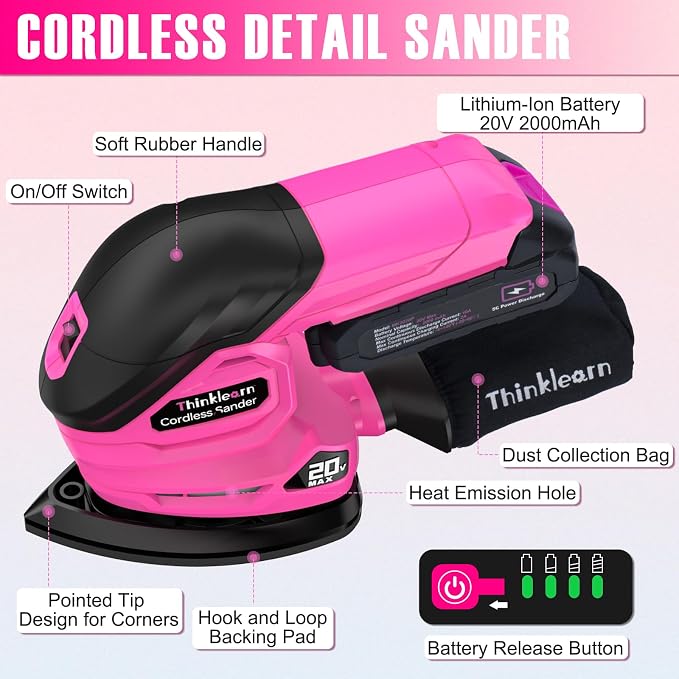 THINKLEARN Cordless Detail Sander with 2Pcs Batteries and Charger, 20V Electric Hand Sander with 22Pcs Sandpapers & Dust Collection System, Palm Sanding Tool for Woodworking, Polishing Wood Furniture