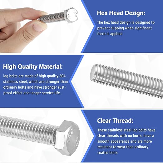 Zonon 50 Pcs 3/8-16 x 2-1/2" Hex Head Screw Bolt 18-8 (304) Stainless Steel Hexagon Bolts, Fully Threaded, Plain Finish, External Hex Drive (Silver)