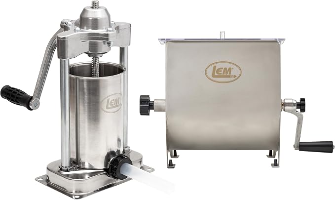 LEM Products MightyBite Vertical Stainless Steel 5 Pound Capacity Sausage Stuffer with Plastic Stuffing Tubes and 20 Pound Manual Meat Mixer Set