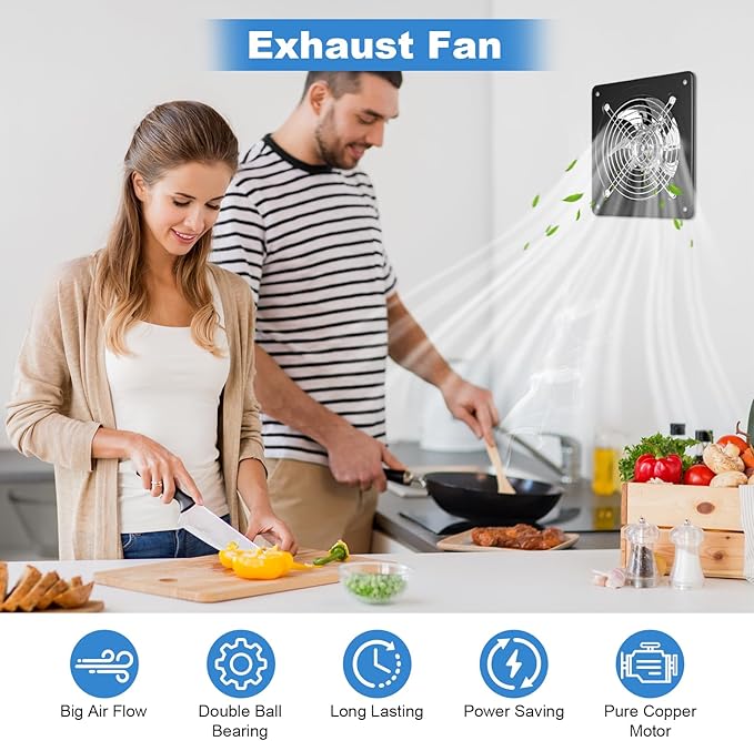 6-inch wall-mounted kitchen metal exhaust fan with switch, 382-576CFM, portable installation, with return air valve, suitable for attic, garage, bathroom, office, basement ventilation, Black