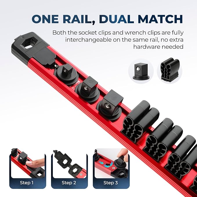 Reniteco 6-Piece Magnetic Socket Organizer and Magnetic Screwdriver Organizer Set, 1/4" 3/8" 1/2" Drive Aluminum Rail & 3-Piece Wrench Screwdriver Holder, Interchangeable Clips, Sockets Not Included