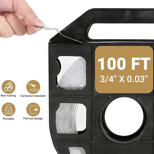 304 Stainless Steel Packaging Packing Machine Kit 3/4" x 100 ft Banding Coil, 100pcs Ear Lokt Buckles, 1pc Strapping Tensioner, 1pc Hammer, 1pc Pliers and One Pair of Gloves Included by LOCXVE