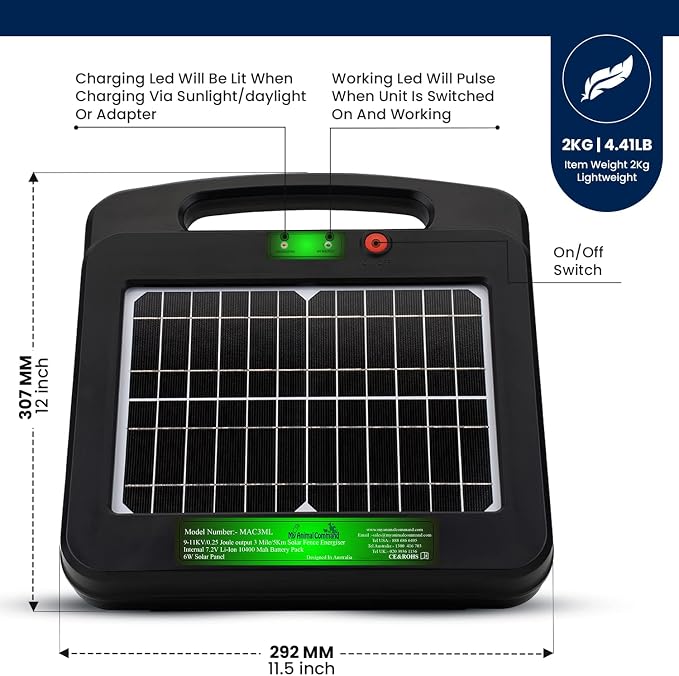 Solar Powered Electric Fence with Lithium Battery Energizer Containment & Protection of Livestock Horses Cattle Sheep Pets Easy Install Charger 0.25 Joules Output (9-11KV)