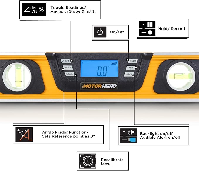 MOTORHEAD 16-Inch 0° - 180° SMART DIGITAL Level, LCD Screen, Audible Alerts, Water, Dust & Shock Resistant, Magnetic Bottom, Includes Bag, High-Visibility, Solid-Milled Aluminum, USA-Based Support | Audible Alerts, Water Dust & Shock Resistant, High-Vi...