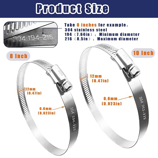6PCS 304 Stainless Steel Hose Clamp,4PCS 10 Inch and 2PCS 8 Inch Duct Clamp,Adjustable 7.64"-8.5"/194-216mm and 9.5"-10.5"/251-273mm Heavy Duty Worm Gear Hose Clamps