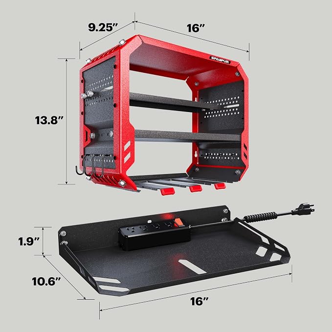 Christmas Gift for Men - End His Garage Clutter | Red Power Tool Organizer Wall Mount with Charging Station | All-in-One 3-Tier Heavy Duty Tool Rack with 420lb Capacity for Dad, Husband, DIYers