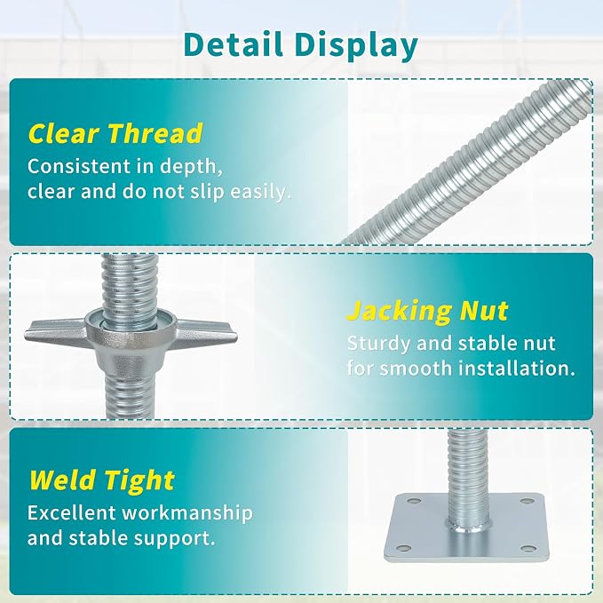 24" Adjustable Scaffolding Leaveling Jack, Galvanized Steel Hollow Screw Jack with Base Plate, 4 Pack