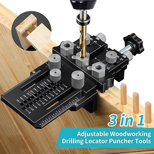 Dowel Jig Kit for Perfect Wood Joints, Self Centering Doweling Jig with 1/4 3/8 1/2 Drill Bushings & Bits, Woodworking Hole Drilling Guide for Cabinet Furniture DIY