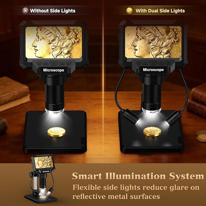4.3" Coin Microscope for Error Coins (Detail View Only), 1000X Digital LCD Magnifier with Anti-Glare Side Lights, 1080P USB PC View (Win/Mac), Rechargeable Scope for Numismatic Grading