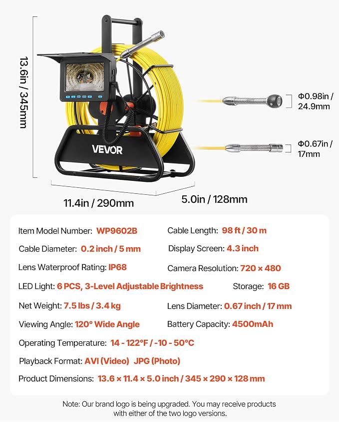 VEVOR Sewer Camera, 98 ft/30m, 4.3" Drain Inspection Tool, IP68 Waterproof Snake Plumbing Camera with Lights - 6 Adjustable LEDs, 4500mAh Battery & 16GB Card for Sewer Line Duct Pipes