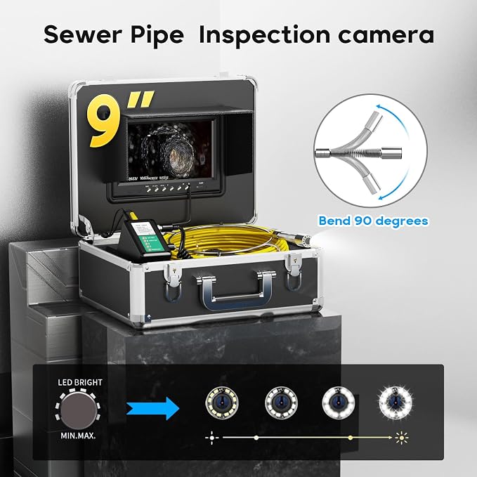 9'' Monitor Sewer Camera,HD 1000TVL,0.072ft/22mm Endoscope with 12pcs LED Lights, IP68 Waterproof Pipe Drain Inspection Camera with DVR 16GB TF Card (10M/33FT)