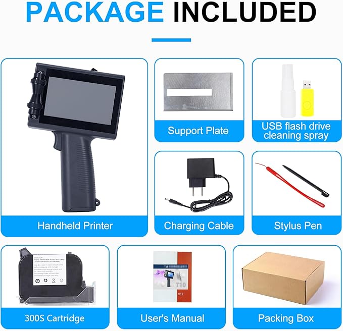Handheld Inkjet Printer for Flat and Curved Surface with 4.3 Inch Touch Screen, Multi-Language,Prints QR/Text/Date, 2-12.7mm on Metal/Wood/Glass(50m/min),Include Spray coding machine cleaning solution