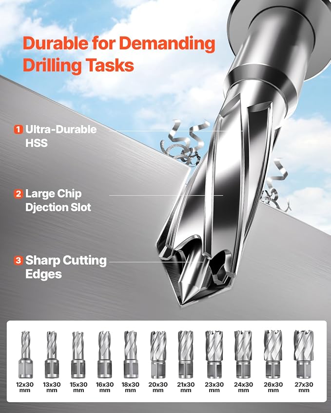 VEVOR Mag Drill Press, 1300W 1.57" Boring Diameter, 2922lbf Power Portable Magnetic Drill, 810 PRM, 11Pcs Drill Bits Electric Drilling Machine for Metal Surface, Industrial and Home Improvement | For Metal Surface, 810 PRM, with 11Pcs Bits, Portable, T...