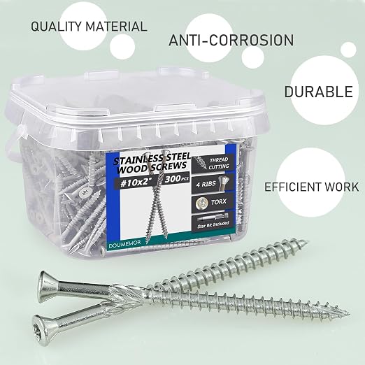 300pcs 304 Stainless Steel Deck Screws #10 x 2'' with Star Torx Drive Flat Head | Exterior Wood Structural Screws 2 Inch Rust Resistant Corrosion Resistance