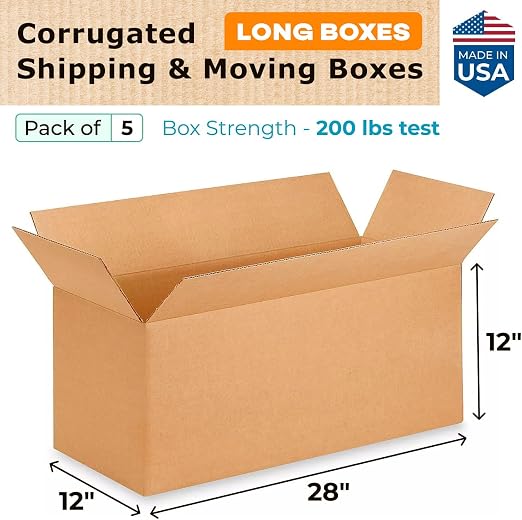 Long Shipping & Moving Boxes 28 x 12 x 12 inches (5-Pack) - Extra Strength 200 lb vs Regular - USA-Made Corrugated Boxes for Packaging Moving Stuff - Corrugated Packaging Long Box by IDL Packaging
