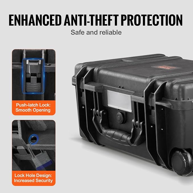 VEVOR Weatherproof Hard Case, Heavy Duty Protective Dry Box with Pre-Cut Foam, Wheels & Retractable Pull Handle for Travel, Hunt, Military, Tactical, IP67 Waterproof Case for Cameras (21.7*13.4*9.5")
