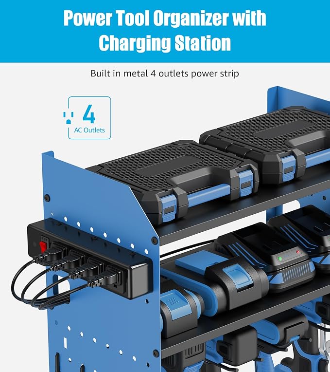 CCCEI Modular Power Tool Organizer Wall Mount with Charging, Blue, 1 Pack | Drill & Battery Storage Rack with Peg Hooks, Garage Workshop, Gifts for Men, Husband, Anniversary, Birthday