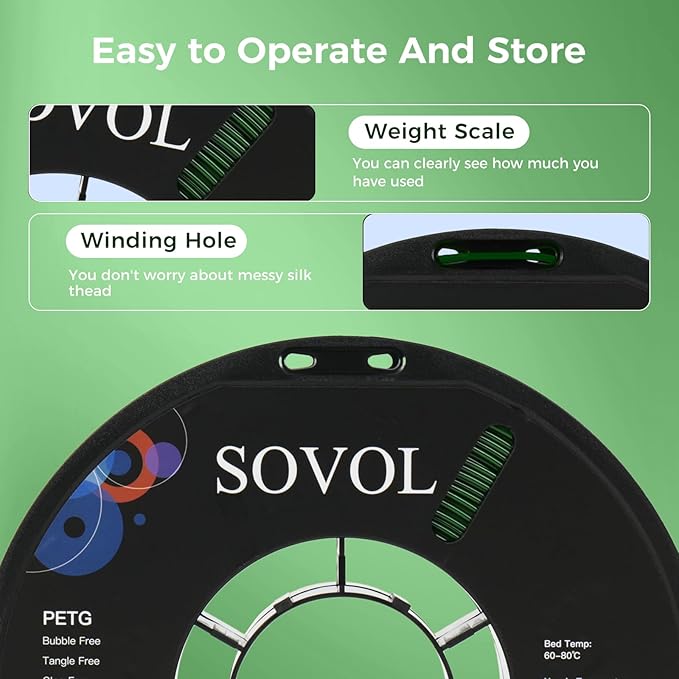 Sovol 3D Printer PETG Filament 1.75mm 1KG (2.2lbs), High Precision, Strong Toughness, Wiring Tightness, Dimensional Accuracy +/- 0.03 mm, 3D Printing PETG Filaments, Green
