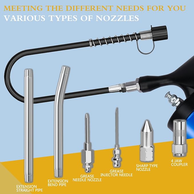 Pneumatic Grease Gun Kit 6000 PSI Heavy Duty 14 OZ Pistol Grip Grease Guns with 19" & 28" Spring Flex Hose,Quick Release Coupler,90 Degree Adapter,2 Needle Tips,2 Nozzles,2 Extension Tubes
