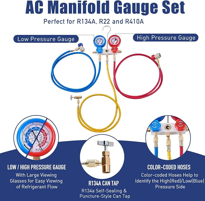 BACOENG 3.6CFM 1/4HP AC Vacuum Pump and Gauge Set, HVAC Vacuum Pump Kit for AUTO Air Conditioning System, Manifold Gauge Set for R134a R22 R410a Refrigerants - w/ R134a Can Taps and Quick Couplers