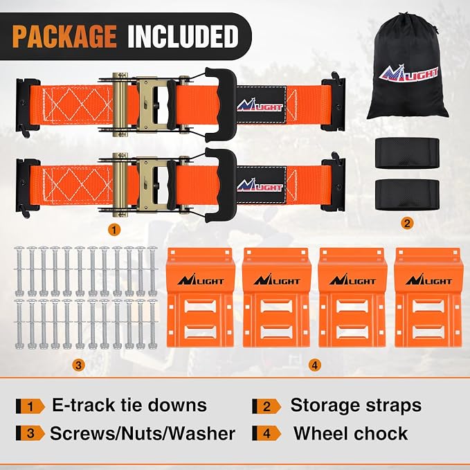 Nilight Wheel Chock Tie Down Kit 4500lb Break Strength 2Pcs E Track Ratchet Straps 4 Pcs Heavy Duty Trailer Tire Straps System for ATV, UTV, Lawn Mower,SXS 10 in-30 in Diameter Tires Orange