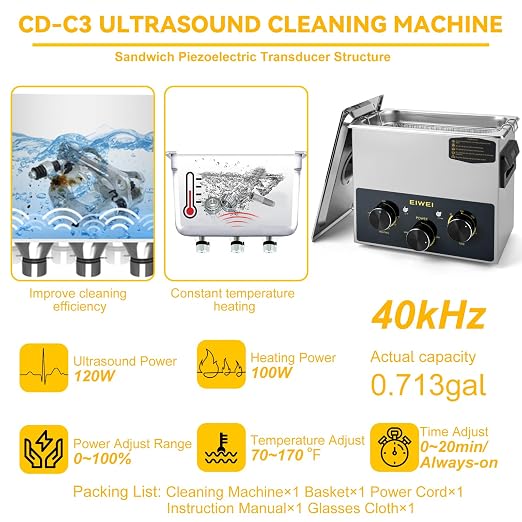 3L Ultrasonic Cleaner Professional Power-Adjustable Knob Jewelry Cleaning Machine with Heater Timer for Carburetor, Jewelry, Glasses, Dentures, Circuit Boards, Automotive Parts