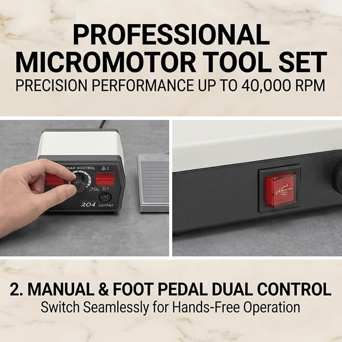 Electric Rotary Micromotor Tool, 0-40,000 RPM Handpiece with Foot Pedal Control, Professional Polisher Tool for Jewelry, Ceramics, Nail Art & Wood Carving