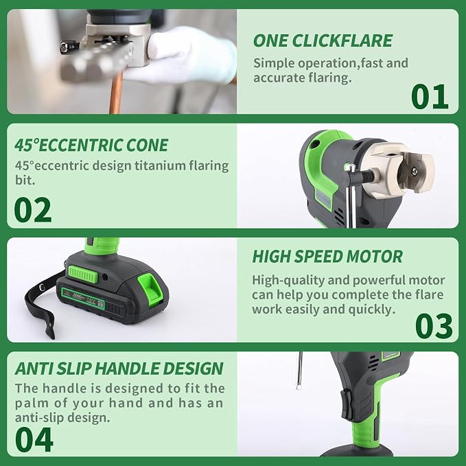 Power Flaring Tool Kit for 1/4" - 3/4" HVAC Cordless Flare Tool with Metric and Imperial Integrated Clamps 45° Eccentric Cone for Copper Aluminum Pipe with Deburring and Cutter Tool