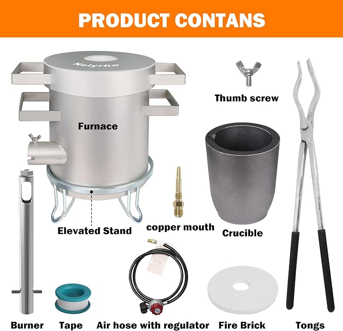 Nelyrho Propane Smelting Furnace Kit – 4kg Crucible, Support Stand, Tongs Included – Stainless Steel Foundry Melting Furnace for At-Home Metal Melting of Aluminum, Gold, Silver, and Copper Scrap