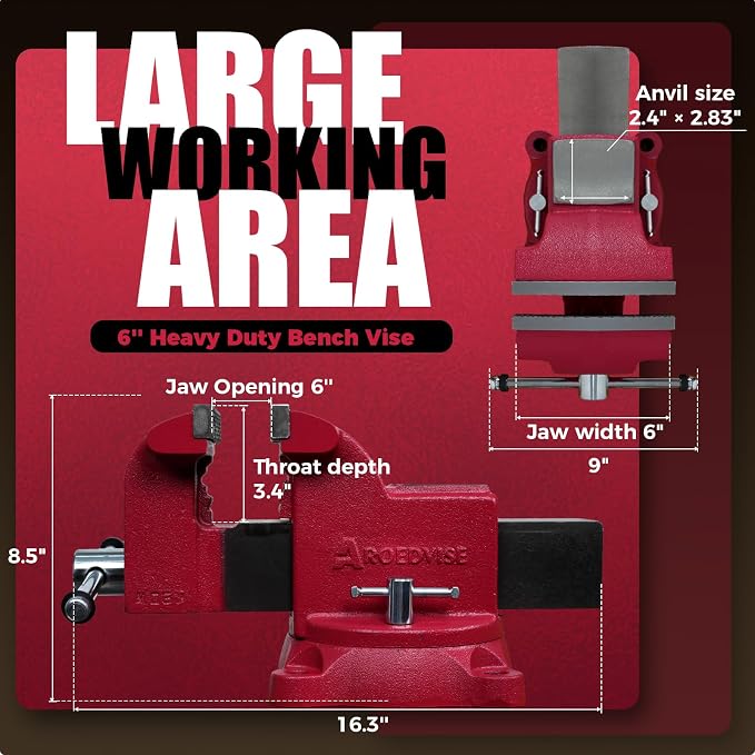 6" Heavy-Duty Bench Vise, 6" Jaw Width & Opening, 8,820 lbs Clamping Force, 60,000 PSI Ductile Iron Vise with 360° Swivel Base, Anvil & Pipe Jaws for Metalworking, Woodworking & DIY (RS60)