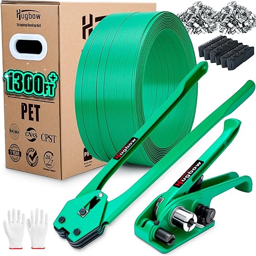 Banding Strapping Kit, Heavy Duty Pallet Packaging Kit with >1500lbs 5/8" x 1300' PET Strapping Roll, 300 Metal Seals, 100 Corner Protectors, Strapping Tensioner, Banding Sealer Tool