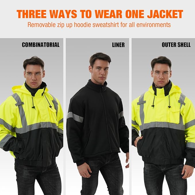 SKSAFETY 3-in-1 High Visibility Winter Bomber Jackets Zip Out Fleece Liner Reflective Safety Coats for men Waterproof ANSI/ISEA Class 3(Lime 5XL)