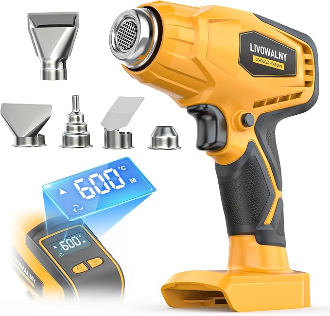 LIVOWALNY Cordless Heat Gun Compatible with Dewalt 20V Battery (Tool Only) 260W High Power Hot Air Gun (68°F-1112°F) & Airflow Control Digital Display for Shrink Wrapping Crafting