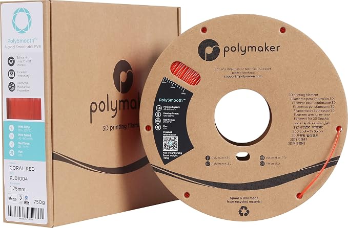 Polymaker PolySmooth PVB Filament 1.75mm 0.75kg Coral Red - Print Like PLA Filament, Easy Smoothable Post Process with IPA Alcohol