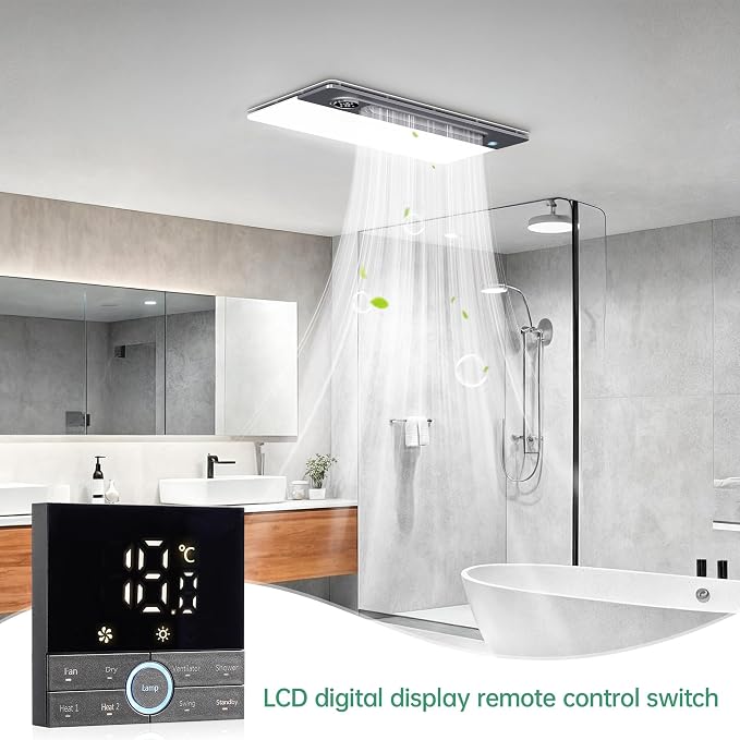 VallisCo Bathroom Fan with Light and 1900W Heater, 180 CFM Ventilation, Remote Control,Quiet Exhaust, 4-in-1 Design for Heating, Lighting, Ventilation & Air Circulation for Comfort in Any Season
