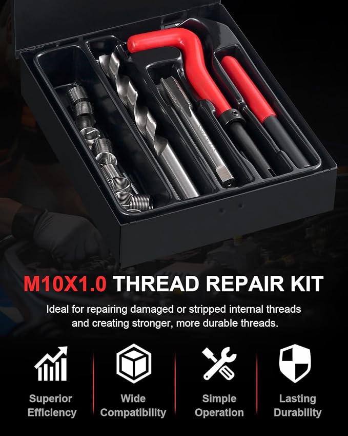 Kolvoii M10×1.0 Helicoil Thread Repair Kit, Metric M10 Helicoil kit with HSS Drill Bit, Tap & Stainless Steel Inserts for Brake Caliper & Machinery Repair