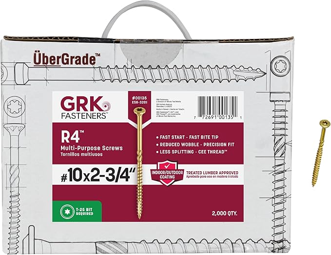 GRK Fasteners R4™ #10 x 2-3/4 Inch, Multi-Purpose Framing Screws, 2000 PCS, Rust Resistant Climatek™ Coating, Outdoor Fencing and Deck Screws, Fast Bite Tip, Star Drive Recess, Gold