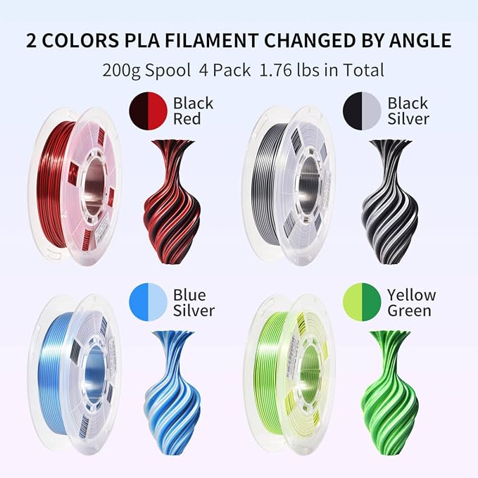 RAMBERY Silk Dual Color 3D Printer Filament Bundle 1.75mm +/- 0.02mm, Bicolor PLA 3D Printing Filament 200gX4 Spools (1.76 lbs), Black-Silver, Red-Black, Blue-Silver, Yellow-Green